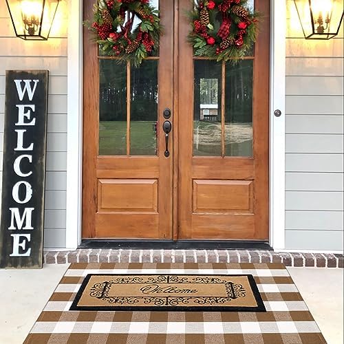 Bottalive Buffalo Plaid Outdoor Rugs, 3'x5' Brown and White Checkered Indoor/Outdoor Area Rug, Layering Rug for Hello/Welcome Door Mat, Washable Cotton Woven Farmhouse Mat for Fall Front Porch Décor - Image 2