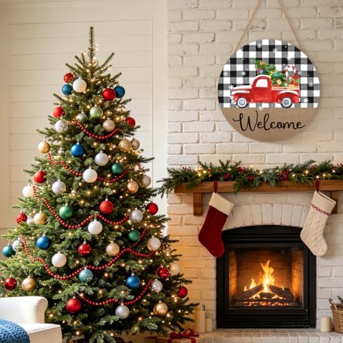 Christmas Welcome Front Door Sign for House Merry Christmas Holiday Decoration Hanging Sign Red Truck Xmas Round Wood Wreaths for Home Wall Porch Yard Garden Farmhouse Xtmas Day 12"x12" - Image 7