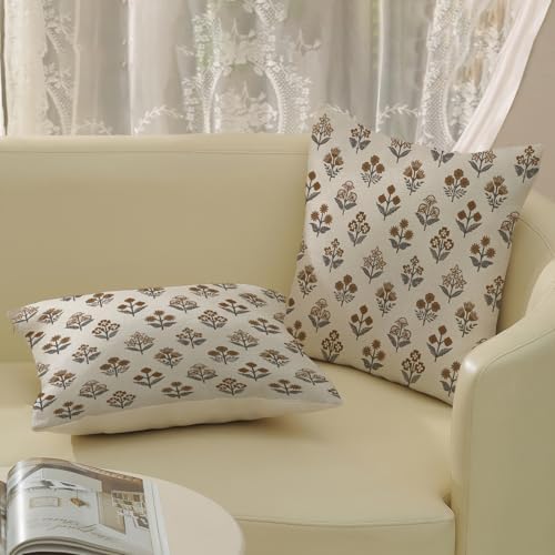 Brown Grey Pillow Covers 18x18 Inch 2 Pcs Gray Block Print Vintage Floral Decor Throw Pillows Boho Flower Spring Summer Outdoor Seasonal Decoration Pillowcase Linen Cushion Cover for Couch Sofa - Image 4