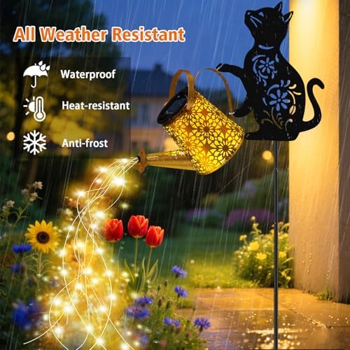 Solar Lights Outdoor, 2 Pack Black Cat Solar Watering Can Lights, Birthday Gifts for Women Mom Cat Lover Mother's Day Christmas, Waterproof Hanging Lantern Garden Decor Outside Patio Yard Pathway - Image 3