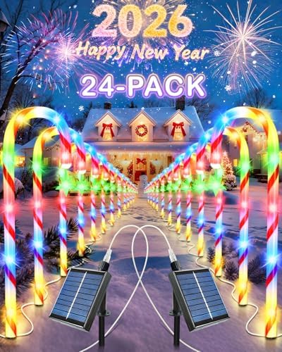 Anordsem Solar Christmas Decorations Outdoor: 21" Candy Cane Lights with Star 24 Pack - Waterproof LED 8 Colorful Lighting Models for Yard Pathway Xmas Decor - 2026 New Year Gifts for Homeowners by Anordsem