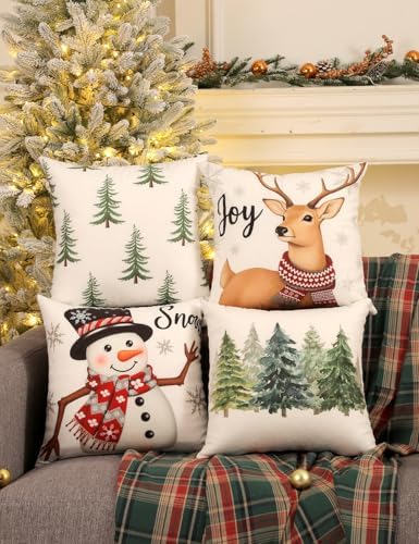 TOYPOPOR Christmas Decorations, Double Sided Plaid Throw Pillow Covers 16x16 Inches Set of 4, Christmas Tree, Snowflakes, Merry Christmas, Snowman Reindeer Winter Holiday Pillowcase for Sofa Couch - Image 6