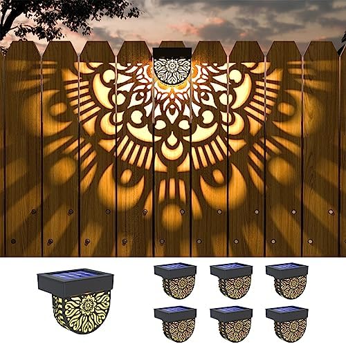 6 Pack Solar Fence Lights Outdoor Wall Lights Black Plastic Solar Powered Deck Step Stair Lights Mandala Theme Waterproof Fence Solar Light for Garden Post Patio Backyard Yard Decor by EKQ