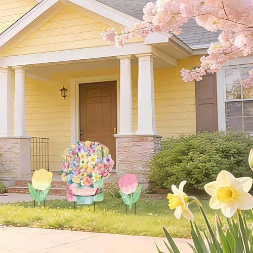 3Pcs Hello Spring Welcome Flower Yard Stakes Metal Floral Outdoor Decor, 2-in-1 Decorative Tulip Flower Sign for Garden Patio Yard Wall Hanging Floral Ornaments with Rope Rustic Spring Decor - Image 4
