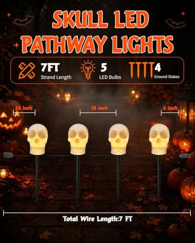 Halloween Skull Pathway Lights, 4 Pack Skeleton Lights with Stakes - Image 2
