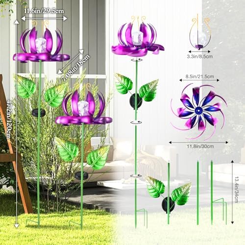 Solar Yard Lights Wind Spinners- Metal Lotus Flower Garden Decor LED Crackle Glass Globe Yard Art Sculpture Solar Stake Lights for Patio Pathway Lawn Walkway (Purple-Large) - Image 3