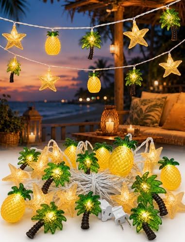19Ft Hawaiian Beach String Lights Outdoor with 35 LED Starfish, Pineapple & Palm Tree Lights, Plug-in Tropical Party Decoration for Patio, Backyard, Garden, Window, Tiki Bar, Pool Party Decor by Konictom