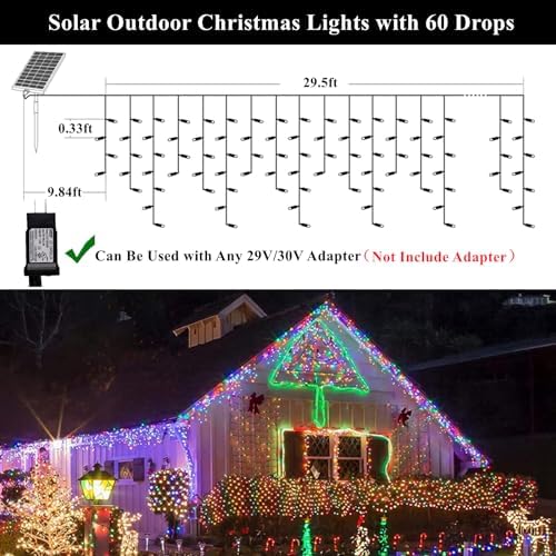 Solar Christmas Lights Outdoor Waterproof Christmas Decorations Curtain Lights 320LED 29.5ft 60 Drops, Solar Powered Rechargeable Fairy Lights for Party, Holiday, Wedding Decorations(Multicolor) - Image 4