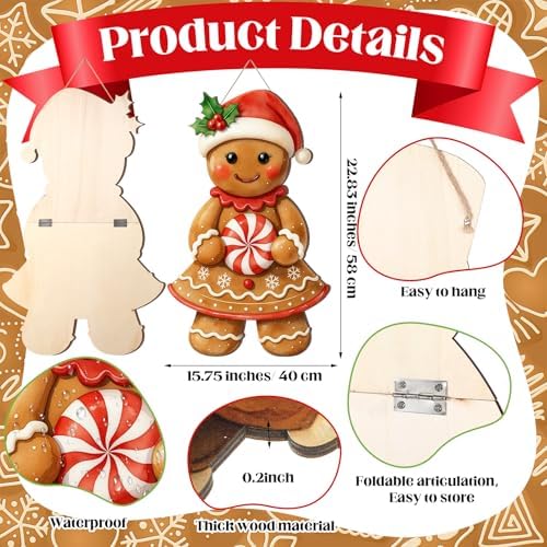 2 Pcs Christmas Door Decor, Gingerbread Man Woman Wood Welcome Sign Decor - Image 2