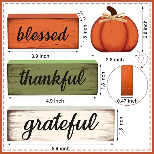 4 Pcs Fall Wooden Table Sign Fall Wooden Tiered Tray Decor Thankful Blessed Grateful Tabletop Signs Farmhouse Pumpkin Wood Blocks for Autumn Thanksgiving Harvest Home Kitchen Table Shelf Decor - Image 2