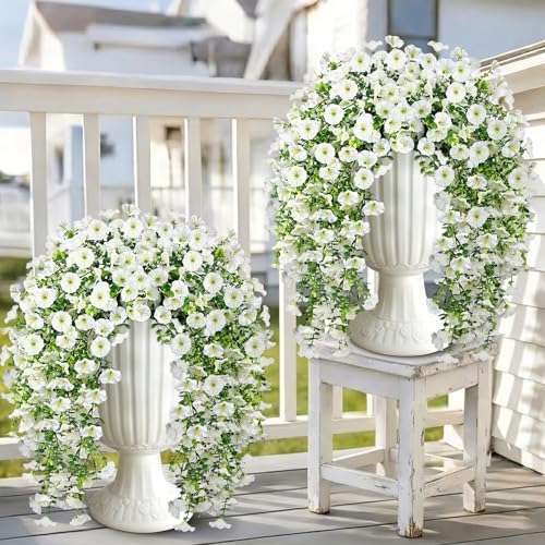 Artificial Hanging Flowers for Outdoors, 4 PCS 600 Blooms UV Resistant Morning Glory Faux Silk Vines, No-Odor Realistic Fake Plants for Garden Planter Porch Patio Decoration, White by JulakoOnline