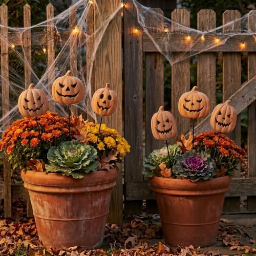 6Pcs Fall Decor Outdoor Halloween Terracotta Pumpkin Garden Stake - Image 3