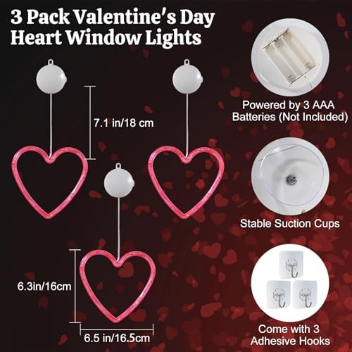Lewondr 3Pcs Valentines Day Window Lights with 2 Lighting Modes, Pink - Image 4