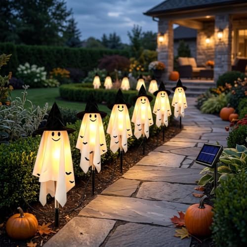 Solar Ghost Lights for Outdoor Halloween Decoration, 6 Pcs Solar Witch Ghost Stake Lights, Smiling Ghost Witch Hat Print Lights, Pathway Lights for Outside Garden Patio Yard Lawn Party Ghost Decor by Unknown