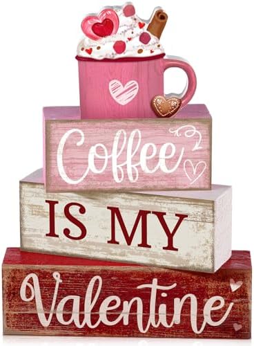 Lineshading 4 Pcs Valentine Coffee Wood Block Signs, Tiered Tray Decor by Lineshading