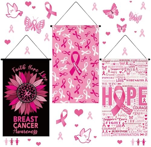 Tegeme 3 Pcs Breast Cancer Awareness Door Sign Pink Ribbon Door Banner Breast Cancer Awareness Flags Decoration Pink Ribbon Hanging Flags for Party Home Outdoor Indoor Decoration by Tegeme
