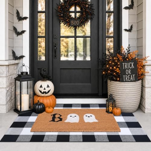 Halloween Door Mat Combo Set, Boo Ghost Coco Coir Welcome Doormat + 28" x 43" Black and White Plaid Rug, Autumn Halloween Front Porch Entryway Decor Floor Mat - Image 3