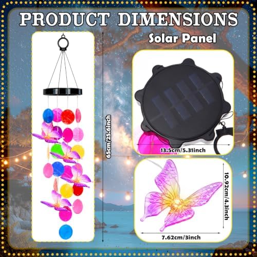 GlikCeil Solar Wind Chimes, 27.5 inch Butterfly Solar Seashell Wind Chimes, Waterproof Hanging LED Lights, Suitable for Patios, Porches, Terraces, Parties, Etc, Color-Changing Lights - Image 2