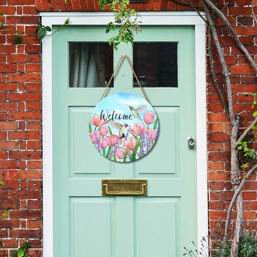 Welcome Spring Summer Hummingbirds Sign for Front Door Decor Spring Floral Wood Door Hanger Sign Spring Decorations Seasonal Farmhouse Wreath Wall Hanging Sign for Home Outdoor Outside Porch 12”x12” - Image 6