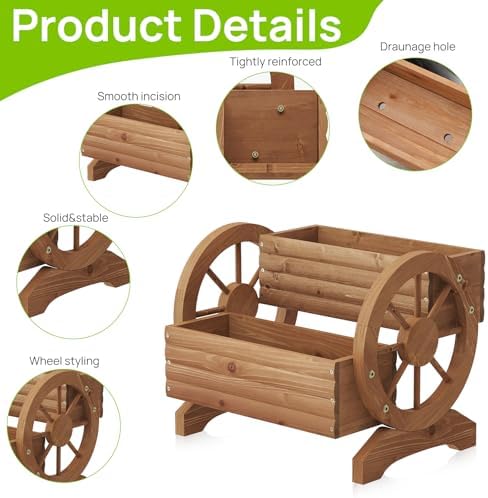 Wooden Wagon Planter with Wheels, Brown, Large - Image 6