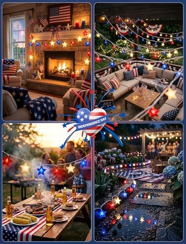 Red White Blue Stars String Lights, 8.5Ft 4th of July Decorations Lights with 10 Red White Blue Lights, Plug in Stars String Lights Outdoor for Independence Day Memorial Patriotic Party Gift Decor - Image 5