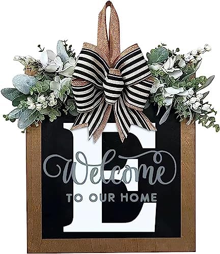 Last Name All Year Round Front Door Wreath with 26 Initial Letter Welcome Sign All Seasons Eucalyptus Garland and Bow ，Farmhouse, Porch, for Spring Summer Fall All Seasons Holiday Halloween Christmas.（E） by YICORIP