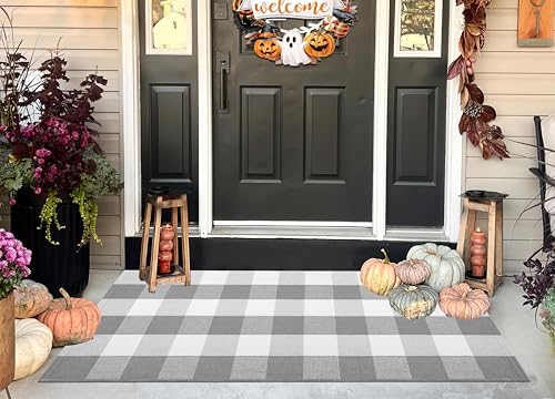 Grey and White Outdoor Rug 24"x51"Cotton Washable Checkered Front Porch Mat by BUAGETUP
