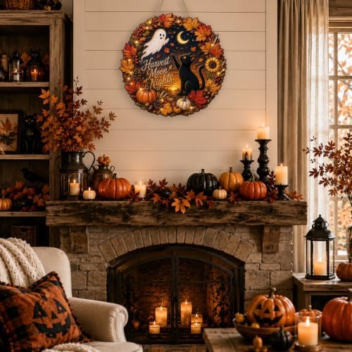 Halloween Harvest Moon Nights Fall Wreath Sign, Black Cat Ghost Wood Decor - Image 4
