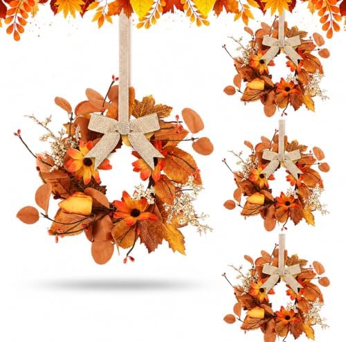 4 Pcs Fall Floral Wreaths Autumn Harvest Sunflowers Pumpkins Leaves Berries Hanging Candle Rings Mini Thanksgiving Table Centerpiece Wreath for Pillar Cabinets Farmhouse Decoration by Unknown