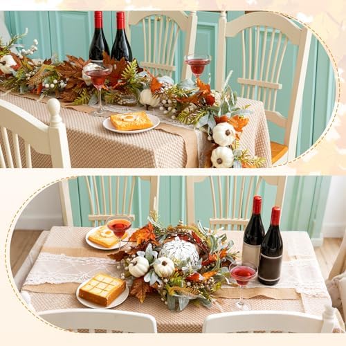 Jutom 12 ft Thanksgiving Garland for Mantle, Fall Wreath with Pumpkin Eucalyptus Leaves Maples Berry Autumn Garland Decorations for Home Porch Fireplace Table Centerpiece Outdoor Decor - Image 3