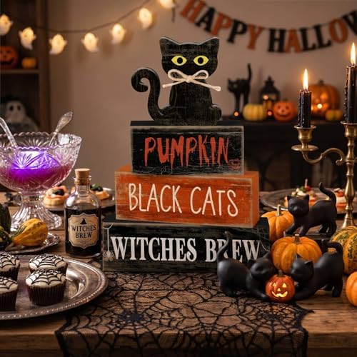 Lineshading 4 Pcs Halloween Table Decor for Home, Wooden Black Cat Sign Set - Image 4