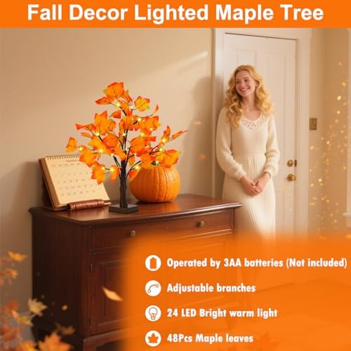 Artificial Fall Lighted Maple Tree 24 LED Thanksgiving Decorations Table Lights Battery Operated for Wedding Party Gifts Indoor Outdoor Autumn Harvest Home Decor - Image 6
