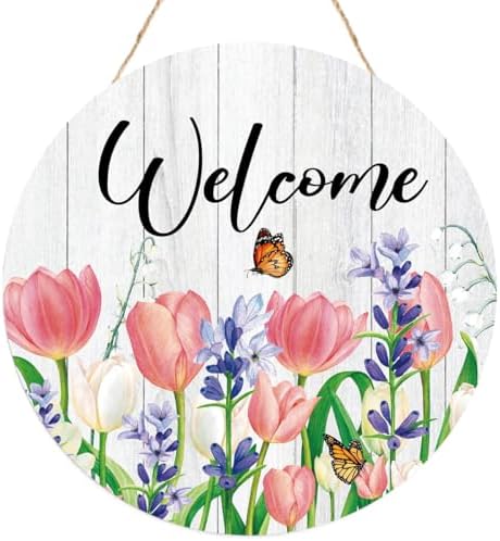 Tulips Welcome Sign Wood Plaque,Front Door Decoration by Unknown