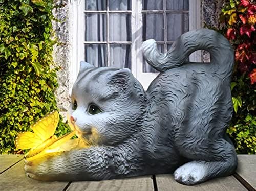 Solar Garden Statue Cat,Garden Figurine Outdoor Decoration with Cat Holding Butterfly for Yard,Patio,Lawn Art Decoration,Housewarming Gift - Image 6