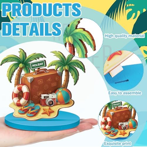 Wesiti 12 Pcs Summer Table Decor Wooden Summer Beach Table Centerpieces Beach Pool Balls Palm Tree Flamingo Tabletop Topper Tropical Hawaii Tiered Tray Decor for Kitchen Holiday Pool Party Supplies - Image 3