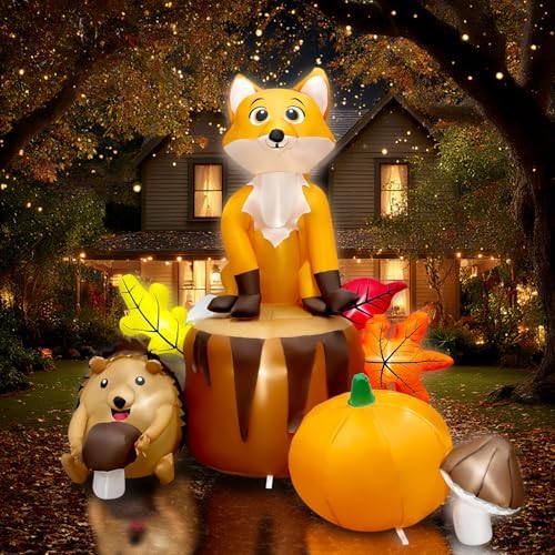 5.7ft Fall Inflatable Thanksgiving Fox and Hedgehog with Pumpkin Outdoor Decorations, Large Blow Up Yard Decorations with Maple and Mushroom, LED Lighted Home Indoor Decor by HolidayInflatableDecorations