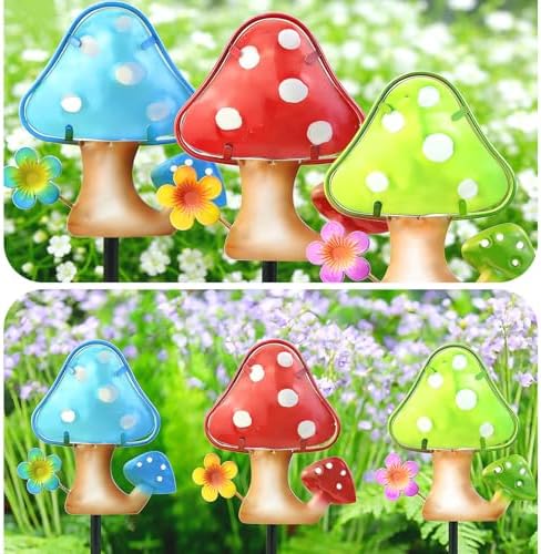 Mushroom Garden Stakes Set of 3 Metal Glass 10" Outdoor Yard Lawn Decor - Image 7