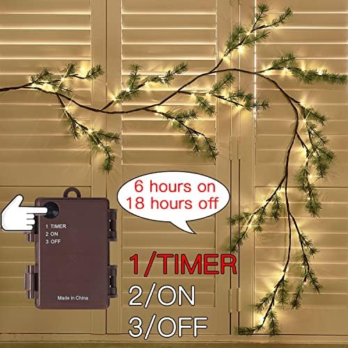 Fudios Lighted Christmas Pine Garland 6FT 48 Warm White LED Battery Operated with Timer for Mantle Fireplace Holiday Winter Decoration Indoor Outdoor Use - Image 2