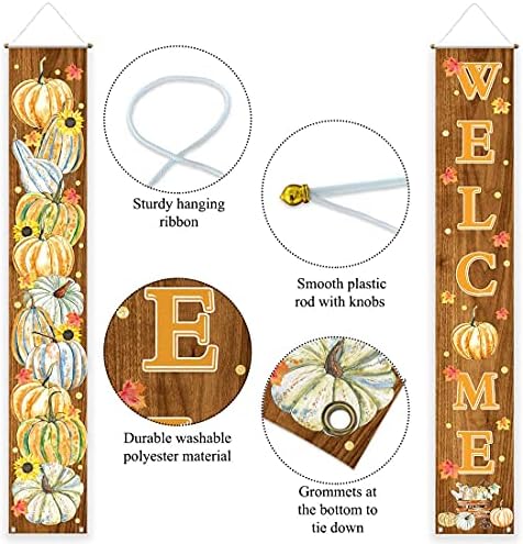 Allenjoy Welcome Fall Porch Decorations Door Hanging Banners Set Thankful Autumn Harvest Season Pumpkin Maple Leaves Rustic Brown Wood Home Wall Outdoor Indoor Polyester 11.8x70.9 Inch Yard Sign 2PCS - Image 3