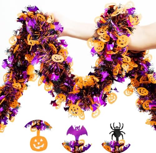 50FT Halloween Garland with Pumpkin Spider Bat - Shiny Tinsel Garland for Mantle, Tree, Doorway, Indoor & Outdoor Halloween Party Decorations by Unknown