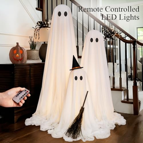 Halloween Decorations Outdoor - Set of 3 Light Up Ghosts with Timer Remote - Image 5