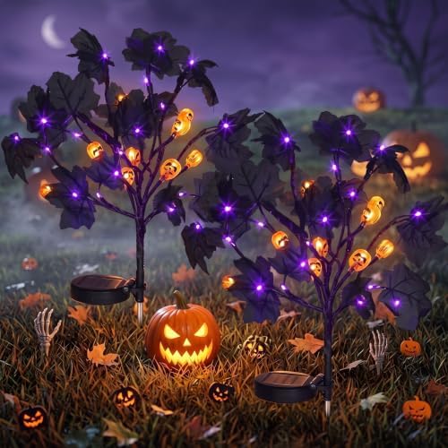 Gerrii 2 Pcs Halloween Decorations Outdoor Solar Lights with Black Leaves by Gerrii