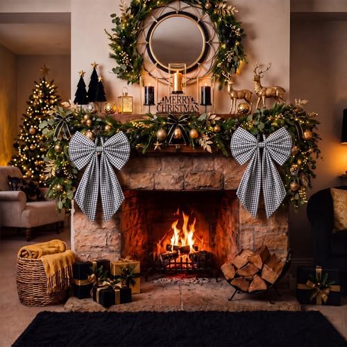 Suncalla 2 Pcs Black White Christmas Gingham Wreath Bows 18'' x 12'' - Image 4