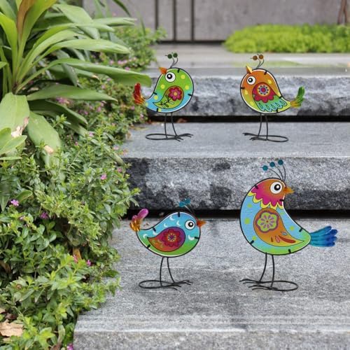 4 Pack Bird Garden Decor for Outside, Glass & Metal Yard Art Decoration for Porch Patio, Garden Statues Sculpture Gifts for Grandma Mom Women (Colorful) - Image 2