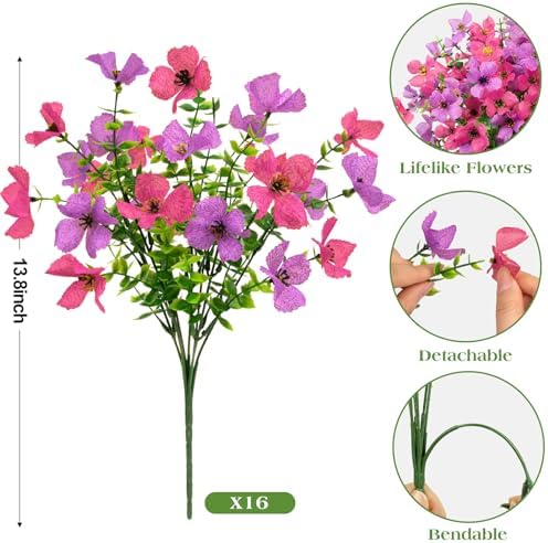 Ouddy Decor 16 Pcs Artificial Flowers for Outdoors Decor, Purple & Rose Red - Image 2