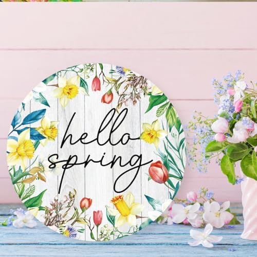 Hello Sign for Front Door Decor, Spring Flowers Wooden Sign Indoor Wall Hanging Decor Round Hanging Decoration for Home Front Door Porch - Image 6