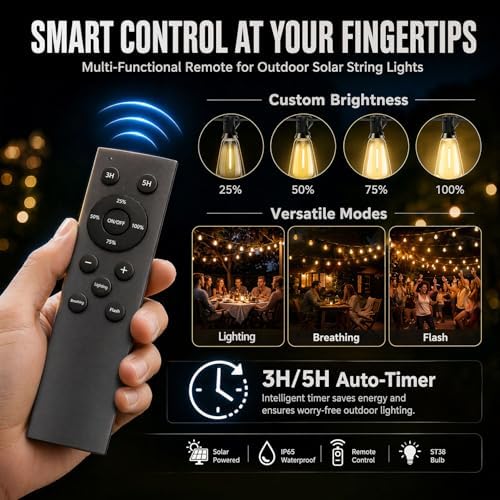 Solar Lights Outdoor Waterproof: ST38 50FT 15M Patio Lights Shatterproof Bulbs - Solar Powered & USB Charging- Remote Control 3 Light Modes Dimmable Solar Light - Garden Camping Backyard - Image 3