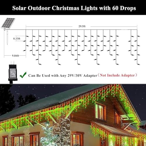 320LED Solar Christmas Lights Outdoor Waterproof Christmas Decorations Lights 29.5ft 60 Drops,8 Modes Solar Powered Rechargeable Fairy Lights for Party, Holiday,Wedding Decorations (Red and Green) - Image 3