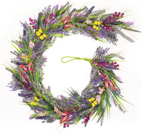 6.5 Ft Artificial Lavender Purple Garland Spring Summer Lavender Wild Flower Butterflies Wreath Swags Vine for Wedding Arch Porch Stair Table Indoor Door Home Mantle Fireplace All Year Decoration by Unknown