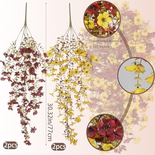 4 Pcs Artificial Mums for Outdoors Fall Hanging Flowers Decorations Faux Silk Daisy Flowers Outside Autumn Burgundy Yellow Faux Mums for Outdoor Planters Home Indoor Porch Yard Decor - Image 2